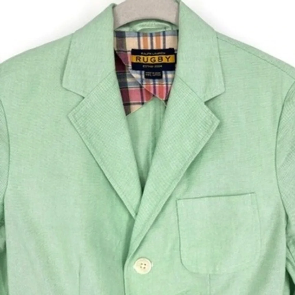 Ralph Lauren Rugby Cotton 3-Button Blazer Jacket Y2K Mint Green Plaid Lined Sz 2